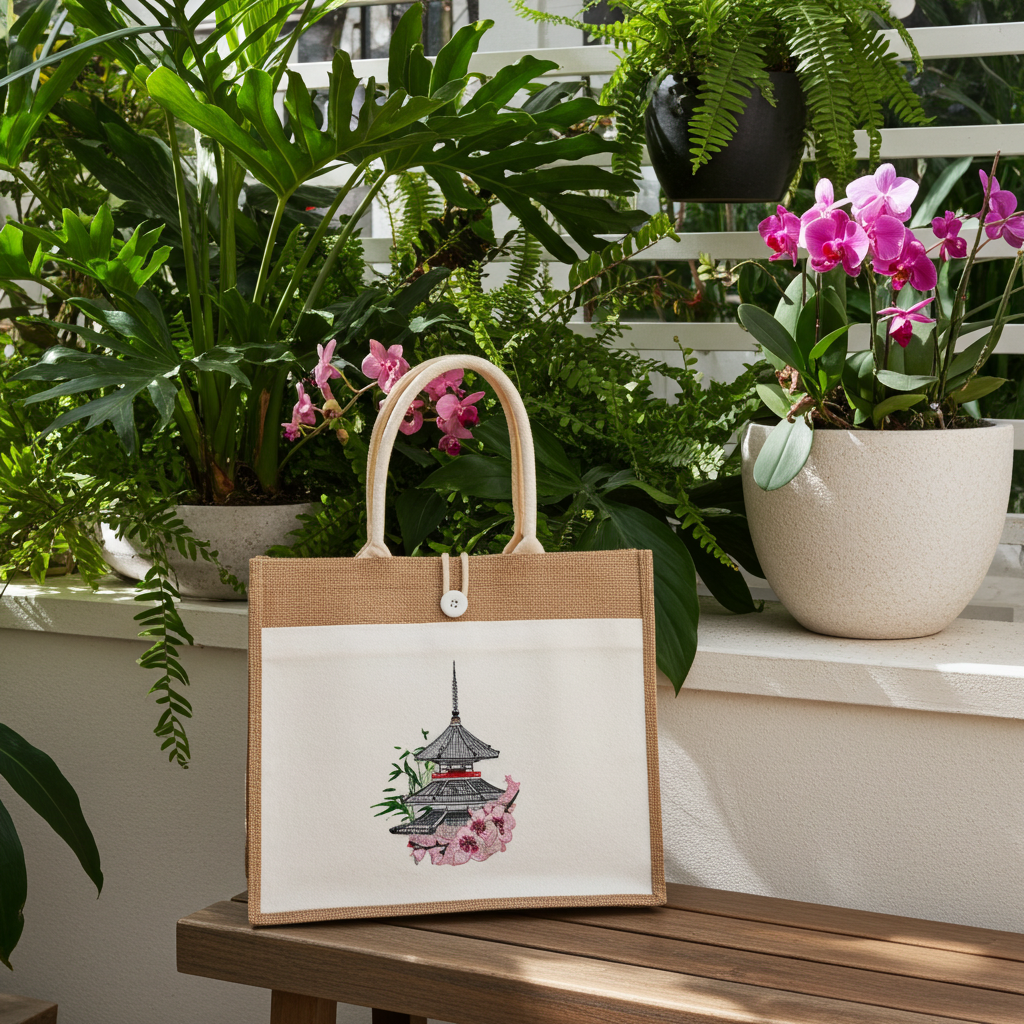 Jute tote handbag with a zen pagoda and cherry blossom embroidery-style design, photographed outdoors on a bench surrounded by lush green plants and pink orchids.