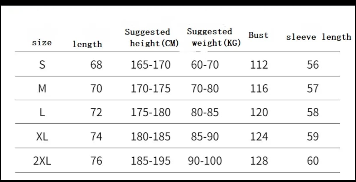 Size chart for clothing with measurements in centimeters and kilograms.
