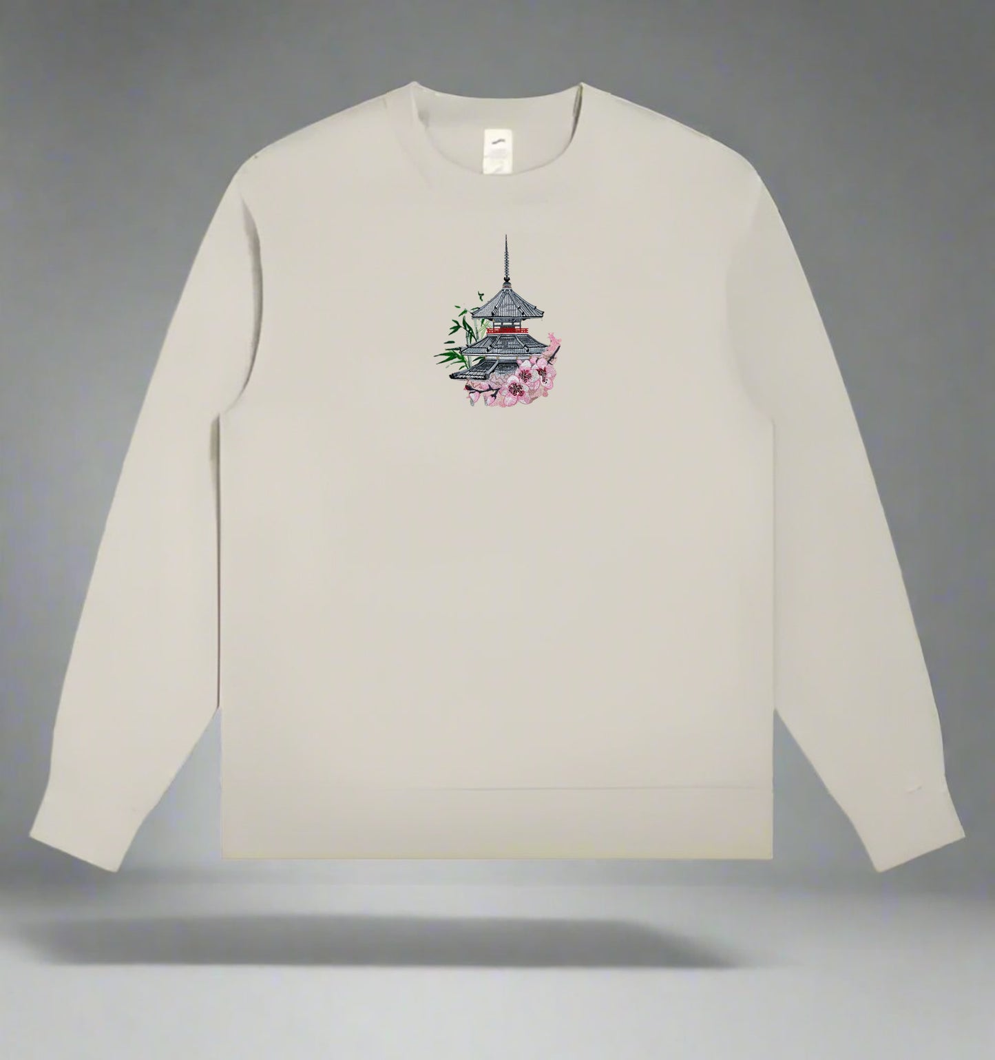 Eternal Sakura: Japanese Pagoda & Cherry Blossom Embroidered Sweatshirt – Heirloom Craftsmanship 🏯🌸 | Solo Artisan Crafted