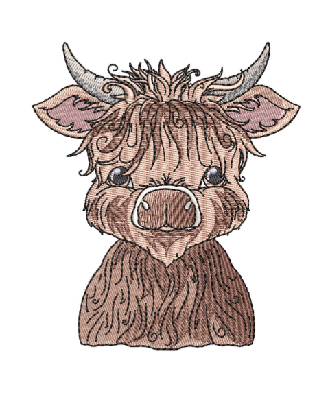 Embroidered design of a cute brown highland bull with long hair and curved horns. Perfect for kids’ hoodies, sweatshirts, and tote bags.
