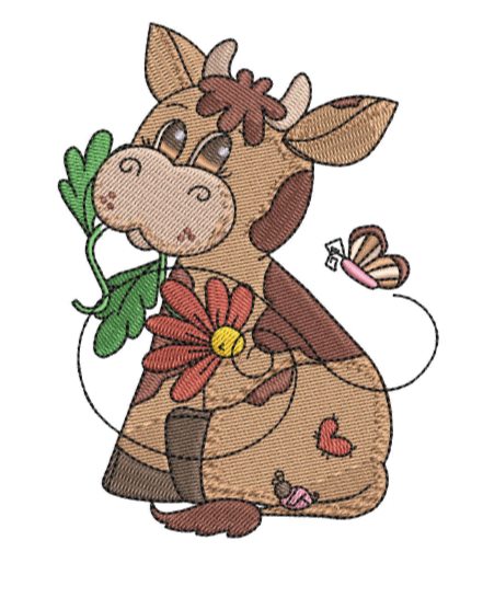 Embroidered design of a cute brown cow holding a green leaf and red flower, with a butterfly flying nearby. Perfect for kids’ hoodies, sweatshirts, and tote bags.