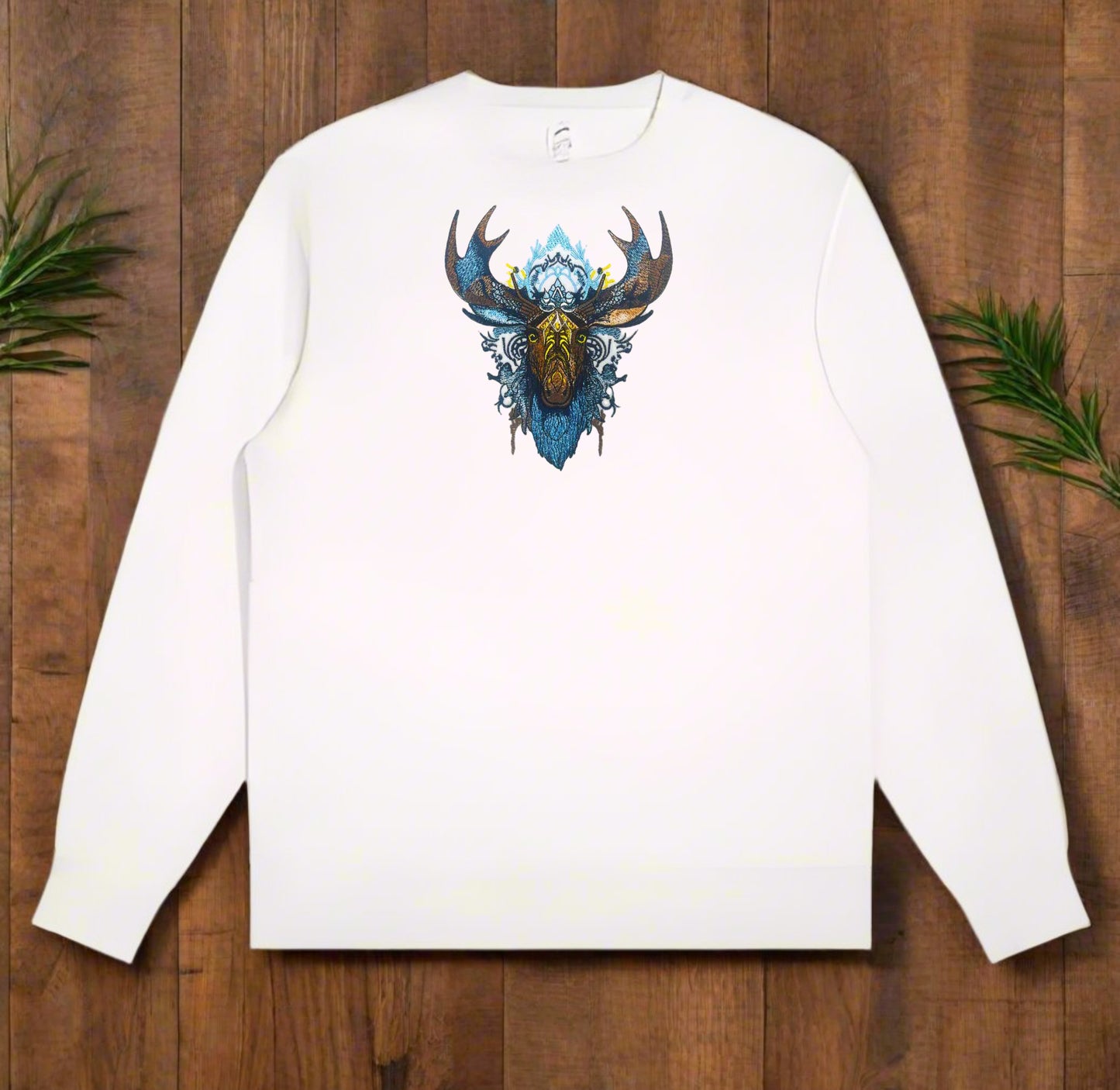 Ancestral Glitch: Tribal Moose & Digital Threads Embroidered Sweatshirt – Where Tradition Meets Tech 🦌🌀 Artisan x Algorithm