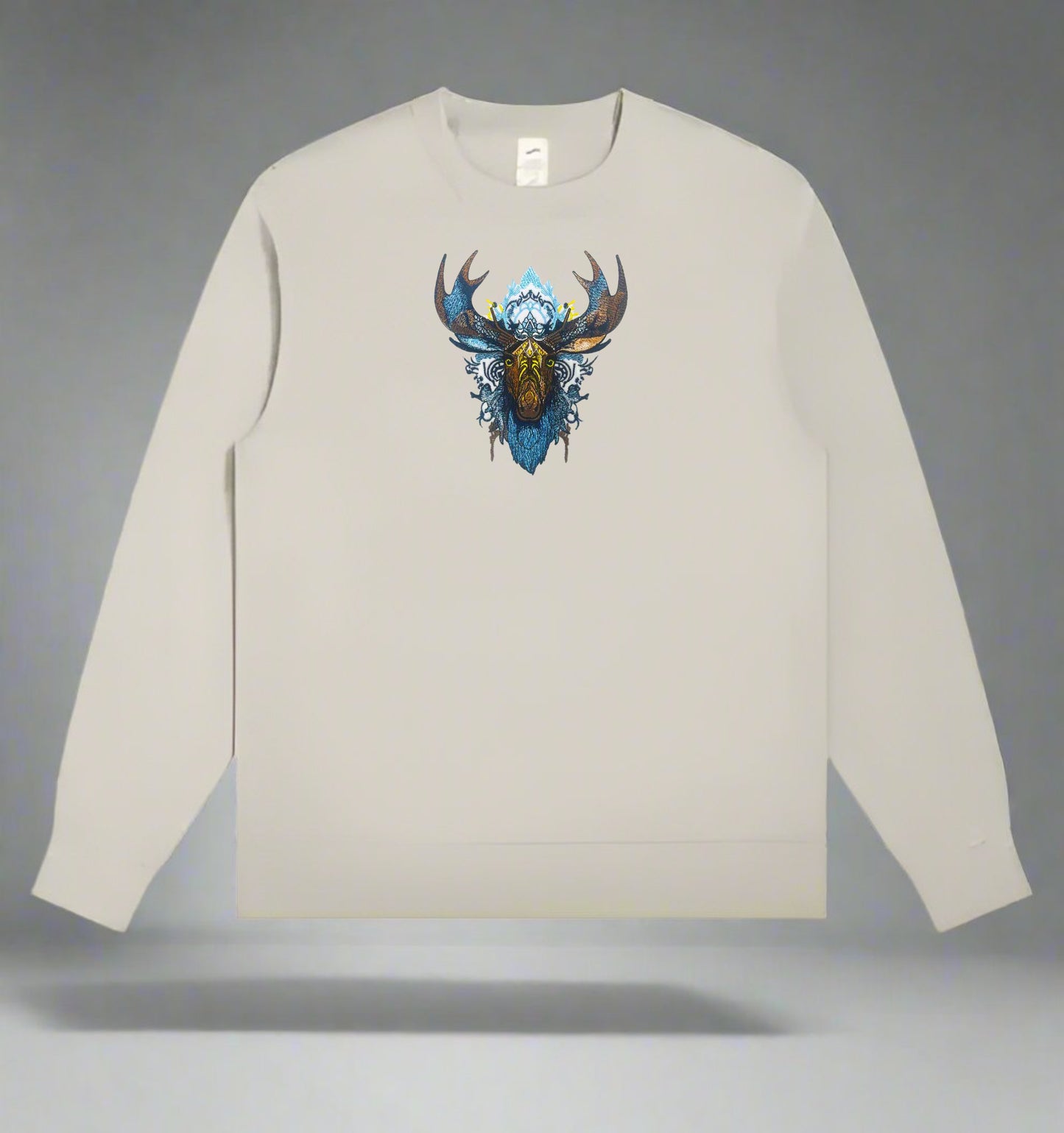 Ancestral Glitch: Tribal Moose & Digital Threads Embroidered Sweatshirt – Where Tradition Meets Tech 🦌🌀 Artisan x Algorithm