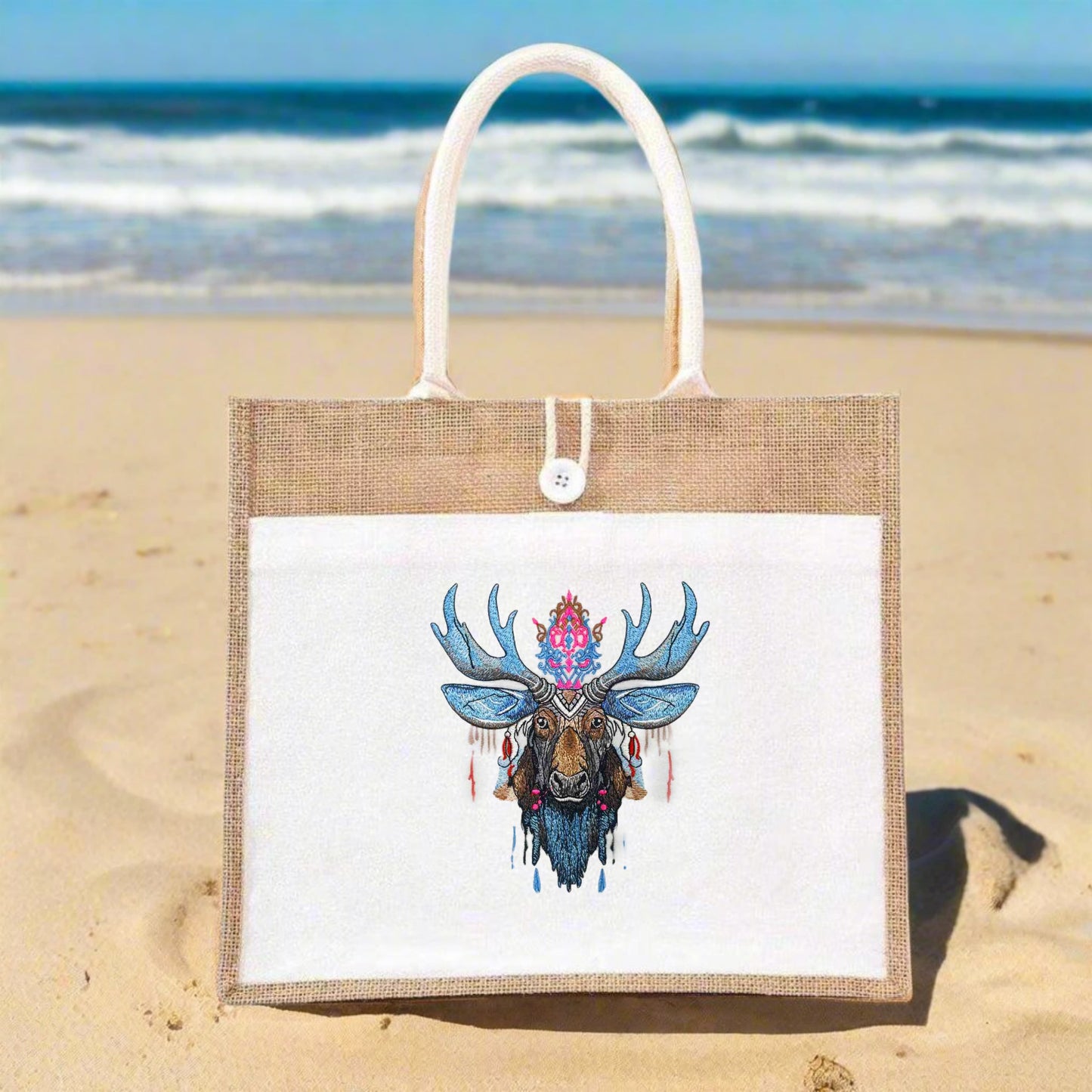 Bohemian moose embroidery on a jute tote bag, featuring intricate patterns and vibrant colors on the moose's antlers.