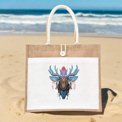 Bohemian moose embroidery on a jute tote bag, featuring intricate patterns and vibrant colors on the moose's antlers.