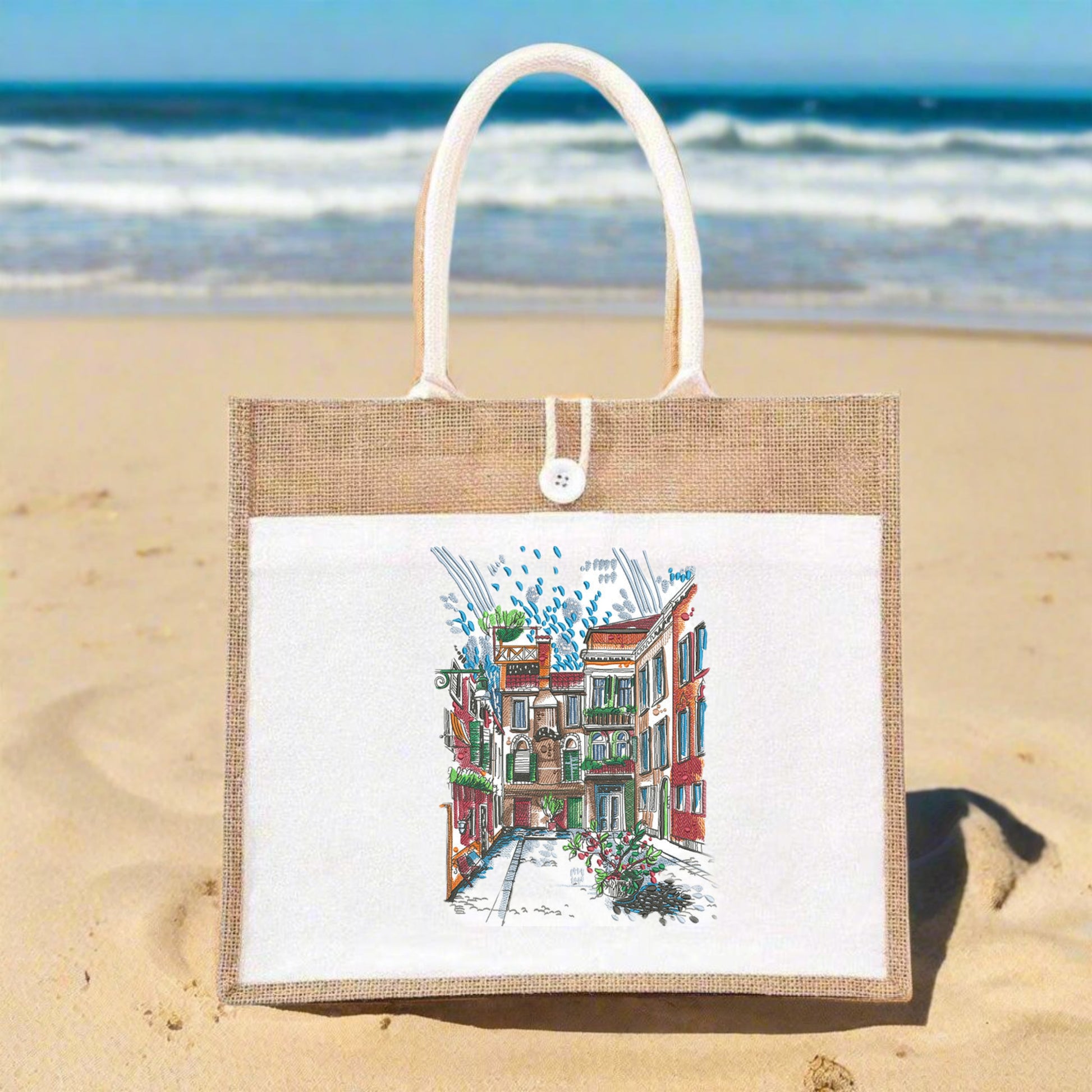 City Sketch Streetscape jute tote handbag