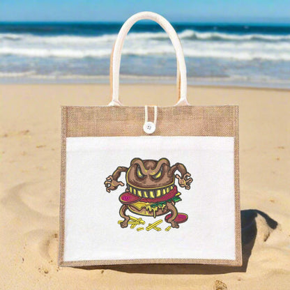 An embroidered jute tote featuring a playful, mischievous burger character with 3D pickle layers, cheese textures, and sauce drips, designed as a commentary on fast-food culture.