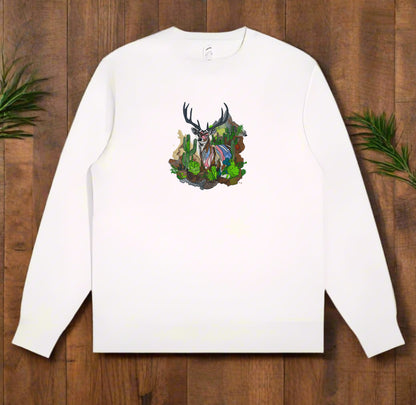 Embroidered crewneck sweatshirt with a design of a mountain deer among snow-dusted peaks and desert cacti.