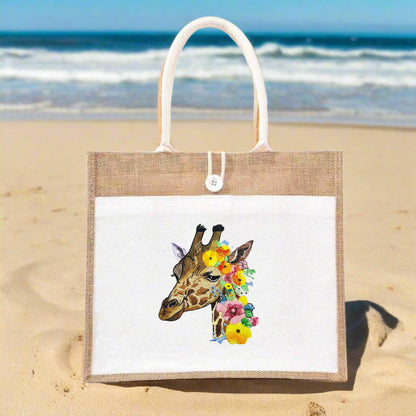 Embroidered jute tote bag featuring a giraffe with floral accents.