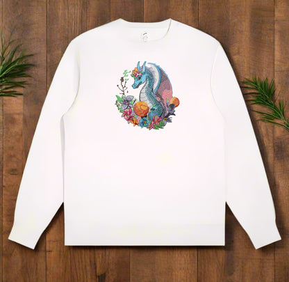 A colorful embroidery design of a dragon surrounded by various flowers and plants.