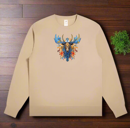 An embroidered design of a moose with intricate details and a vibrant color palette.