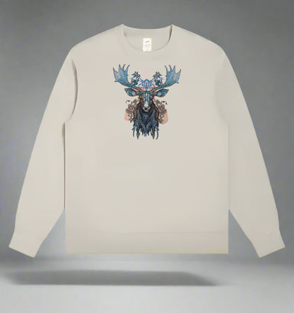 A stitched embroidery design of a moose head with ornate antlers and a floral pattern in blue, gray, and pink colors on a mint green sweatshirt background.