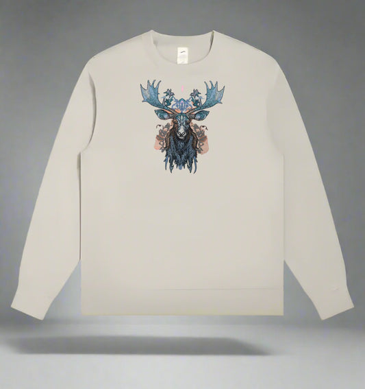A stitched embroidery design of a moose head with ornate antlers and a floral pattern in blue, gray, and pink colors on a mint green sweatshirt background.