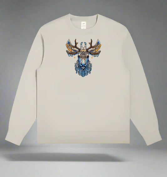 An embroidered image of a deer with intricate antlers and a detailed face featuring blue and brown colors.
