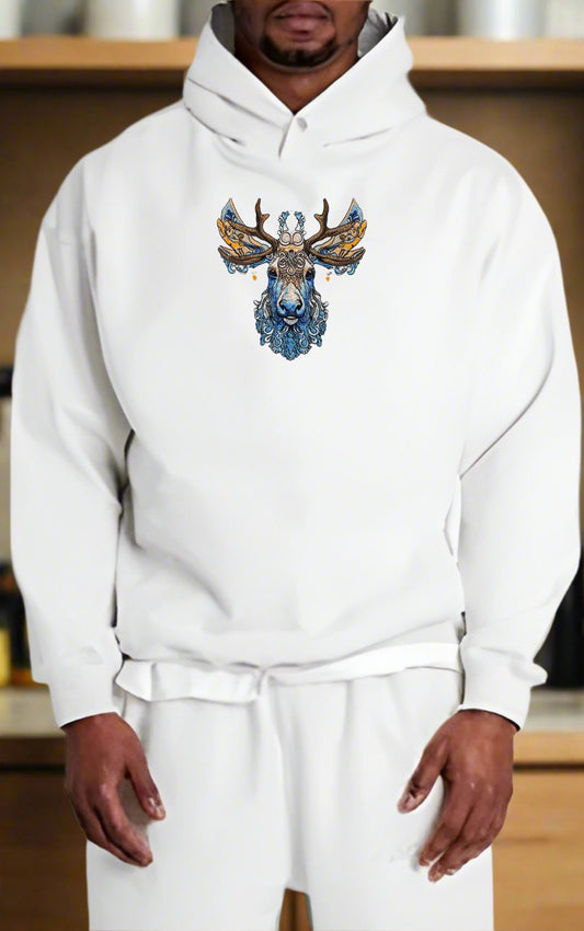 Embroidered hooded sweatshirt with a detailed image of a moose with antlers, surrounded by pine trees and a snowy mountain range.