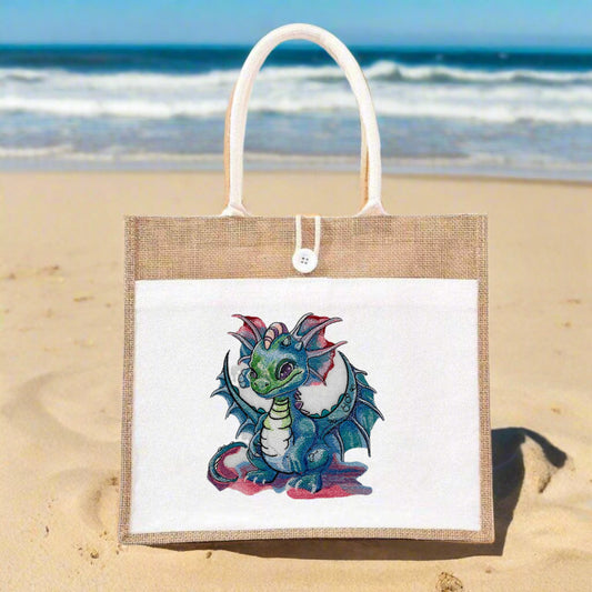 Playful Baby Dragon on jute tote handbag