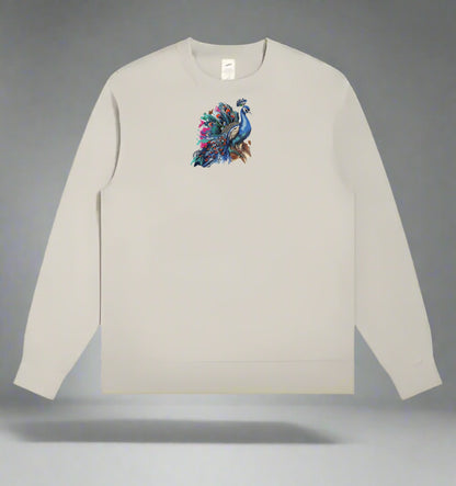 Mint green  long-sleeve sweatshirt with a colorful peacock design on a gray background