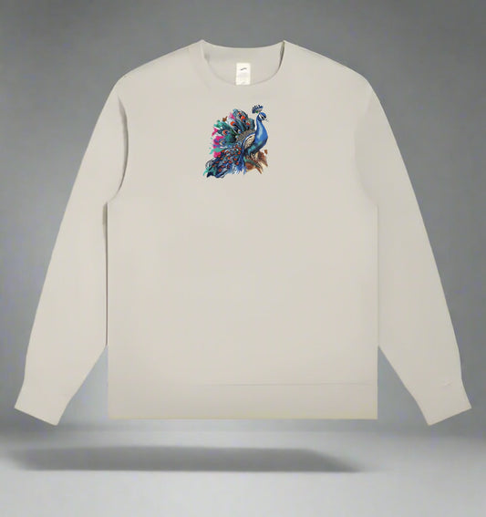 Mint green  long-sleeve sweatshirt with a colorful peacock design on a gray background