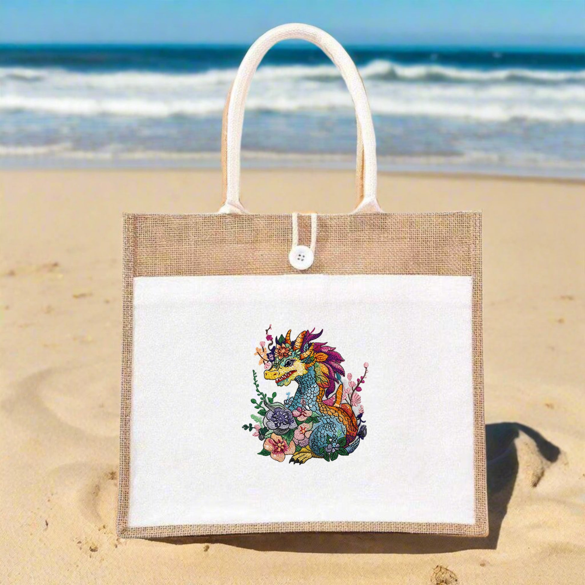 A colorful embroidered art piece depicting a dragon surrounded by floral designs, crafted on eco-friendly jute using organic threads.