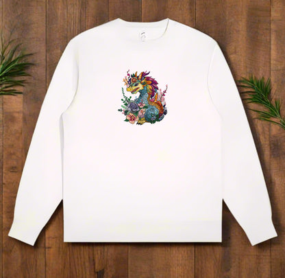 A colorful embroidery design of a dragon with floral elements and a detailed mane and tail.