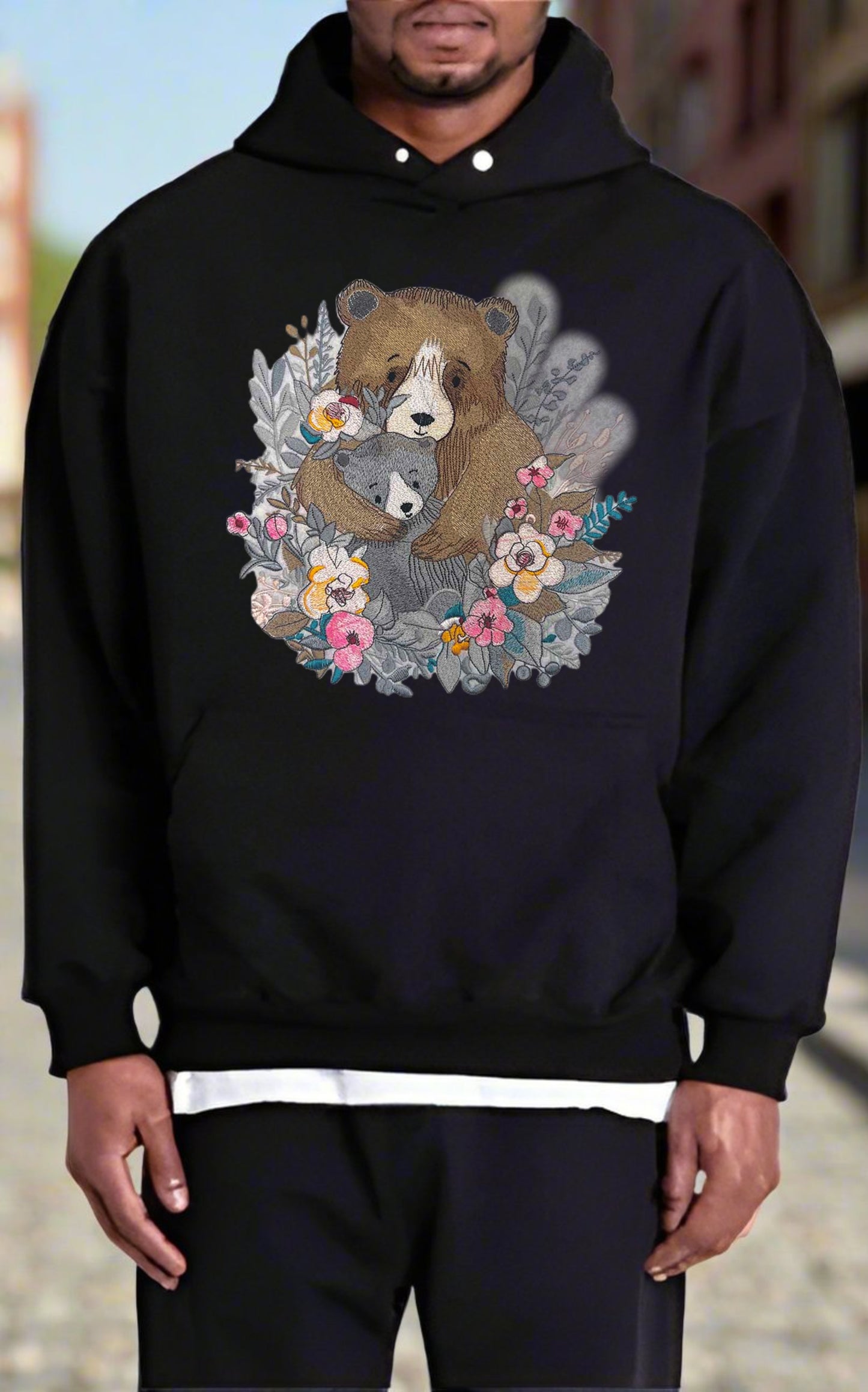 Wilderness Whispers: Mother Bear & Cub Floral Embroidered Hoodie – Nurtured by Nature 🌿🐻 | Solo Artisan Crafted
