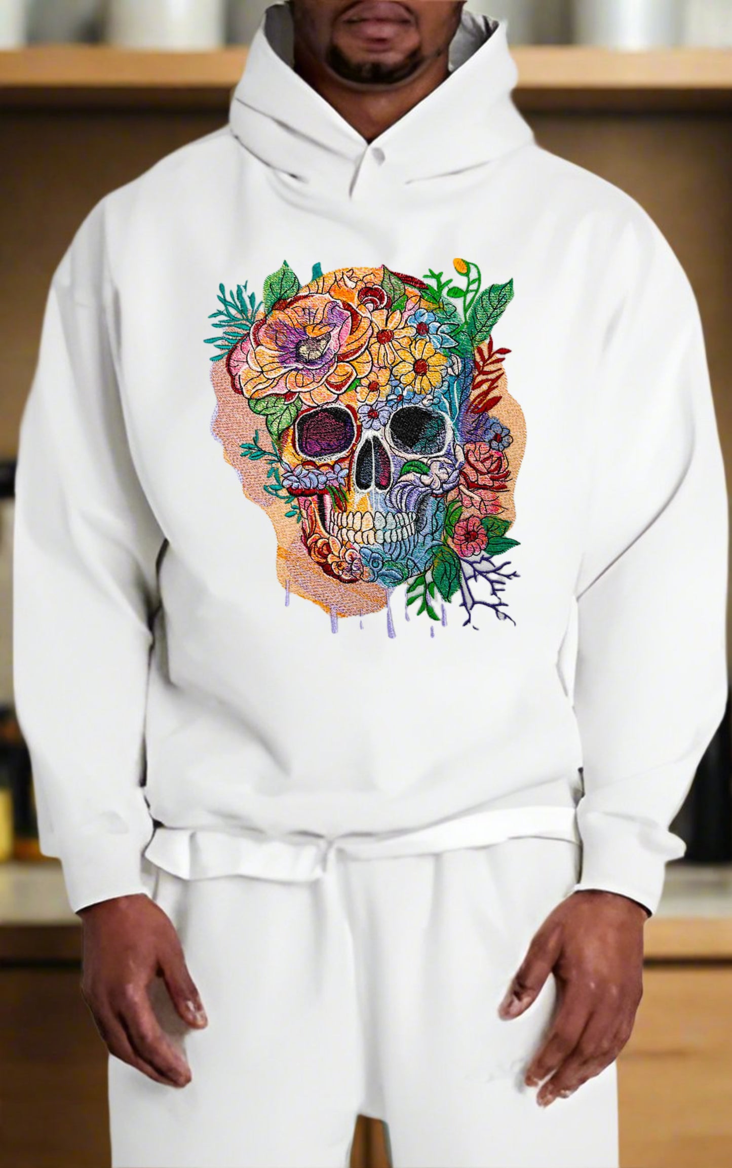 Luxurious Floral Skull Embroidery Artwork