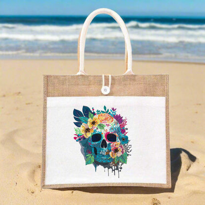 Memento Flori: Floral Skull Harmony Embroidered Jute Tote – Beauty & Bones in Thread