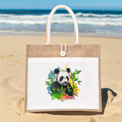 Bamboo Haven: Lush Panda Paradise Embroidered Jute Tote – Whimsy Meets Wilderness