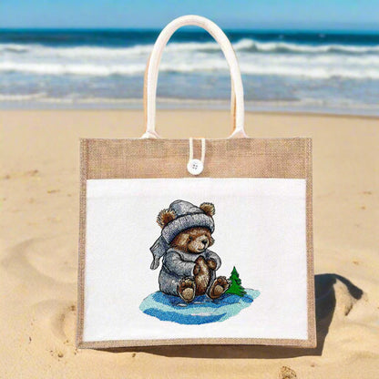 Hearthside Guardian: Cozy Winter Bear Embroidered Jute Tote – Stitched Warmth, Wild Soul
