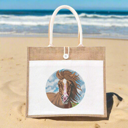 Galloping Grace: Majestic Horse Embroidered Jute Tote – Artisan Elegance Meets Earth’s Rhythm