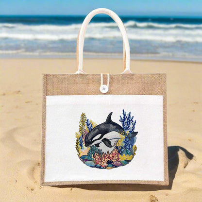 Tideborne Sovereign: Majestic Orca Embroidery Jute Tote – Oceanic Grandeur in Thread