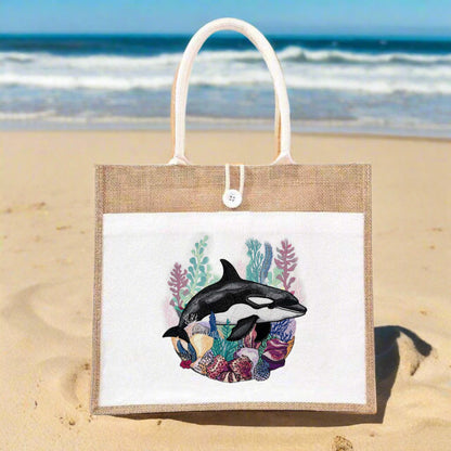 Tidewoven Ballet: Majestic Orca & Coral Reef Embroidered Jute Tote – Oceanic Elegance in Sustainable Thread