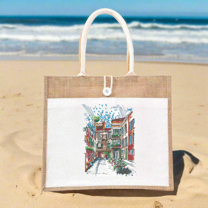 Cobblestone Chronicles: Enchanting European Street Scene Embroidered Jute Tote – Old World Charm in Sustainable Thread