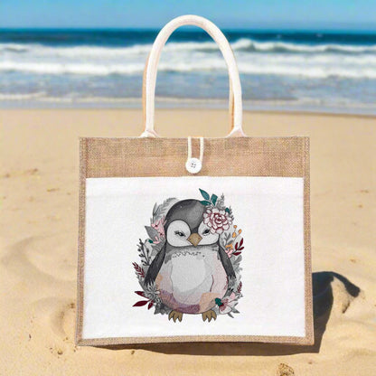 Frostbloom Ballet: Enchanting Penguin & Floral Embroidered Jute Tote – Antarctic Whimsy in Sustainable Thread