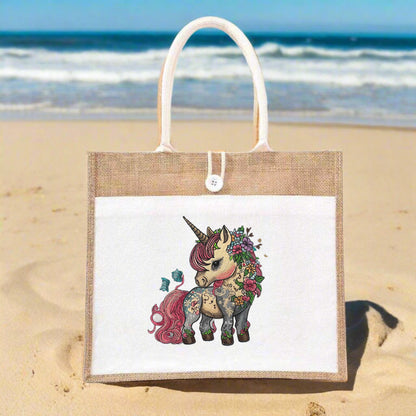 Celestial Bloom: Enchanted Floral Standing Unicorn Embroidery Jute Tote – Where Fantasy Flourishes in Thread