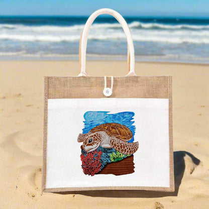 Tidewoven Sanctuary: Exquisite Sea Turtle Embroidery Jute Tote – Oceanic Elegance in Thread