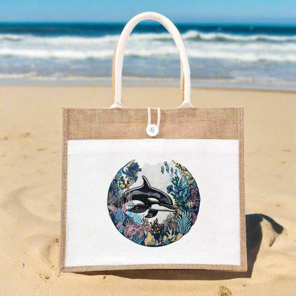 Tidewoven Majesty: Orca & Coral Reef Embroidered Jute Tote – Oceanic Symphony in Thread