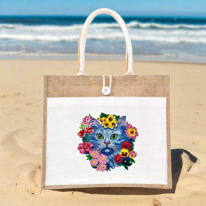 Whiskerbloom: Enchanted Floral Cat Embroidery Jute Tote – A Garden of Feline Fantasy