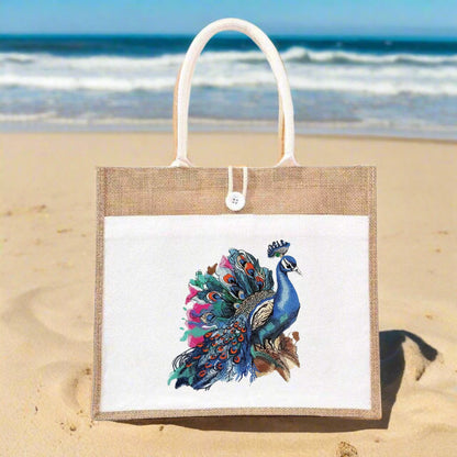 Feathered Majesty: Exquisite Peacock Embroidery Jute Tote – Nature’s Opulence in Thread