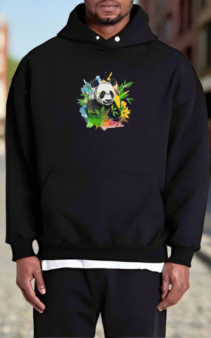 Person wearing a black hoodie with a colorful panda design.