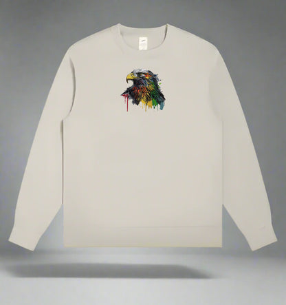Beige long-sleeve sweatshirt with a colorful eagle design on a gray background