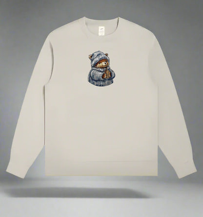 Beige long-sleeve shirt with a  Cozy Cocoa Bear Embroidery – Snuggle Season on a gray background