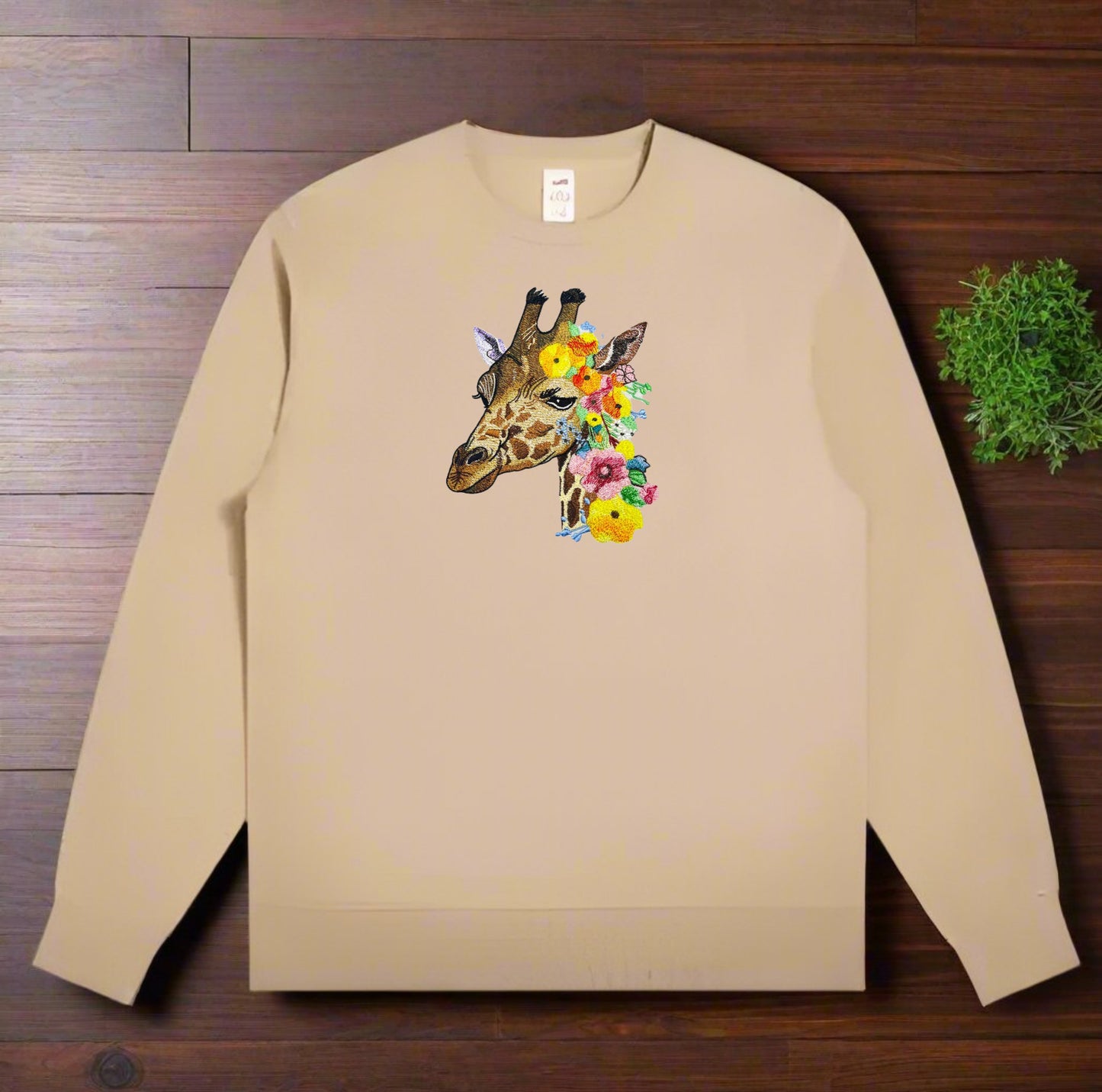 Floral Giraffe Muse Embroidery on khaki sweatshirt 