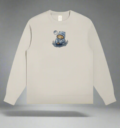 Mint Green long-sleeve sweatshirt with a  Moonlit Sloth Embroidery – Dreamy Chill on a gray background