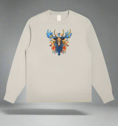 Mystic Blue Moose Embroidery – Statement Art on Mint green sweatshirt 
