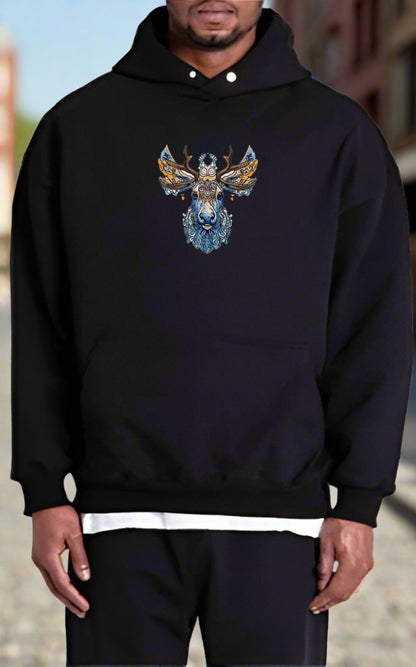Embroidered hooded sweatshirt with a detailed image of a moose with antlers, surrounded by pine trees and a snowy mountain range.