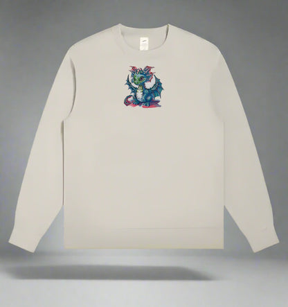 Mint green  long-sleeve sweatshirt with a colorful dragon design on a gray background