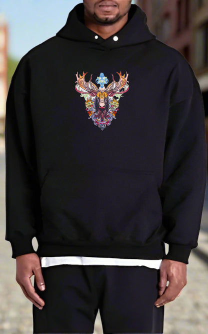 Embroidered hoodie featuring a detailed moose design with wildflowers.