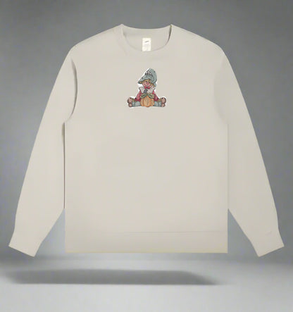 Mint Green  long-sleeve sweat shirt with a Scarecrow Pumpkin Embroidery Design on a gray background