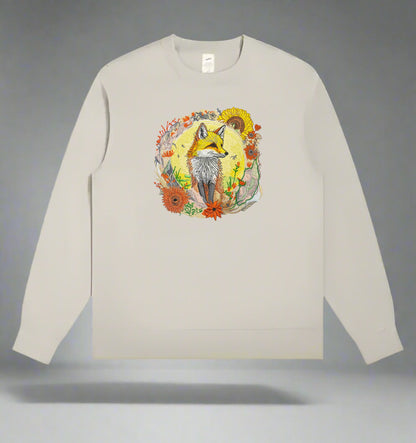 Embroidered crewneck sweatshirt with a design of a golden fox surrounded by floral patterns, predominantly in shades of yellow, green, and orange.